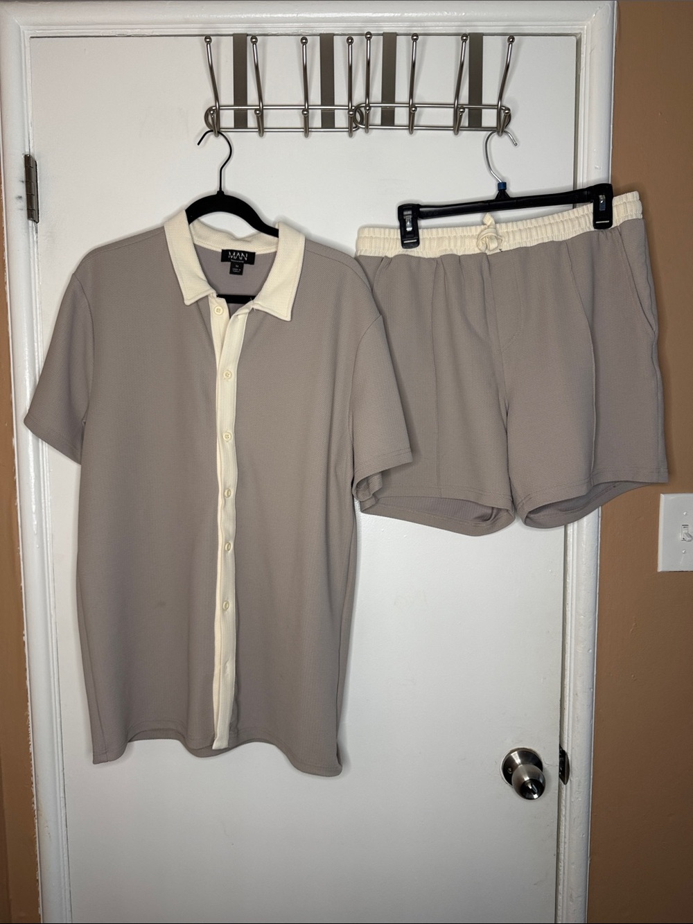 BoohooMan Taupe Polo with Cream Trim set